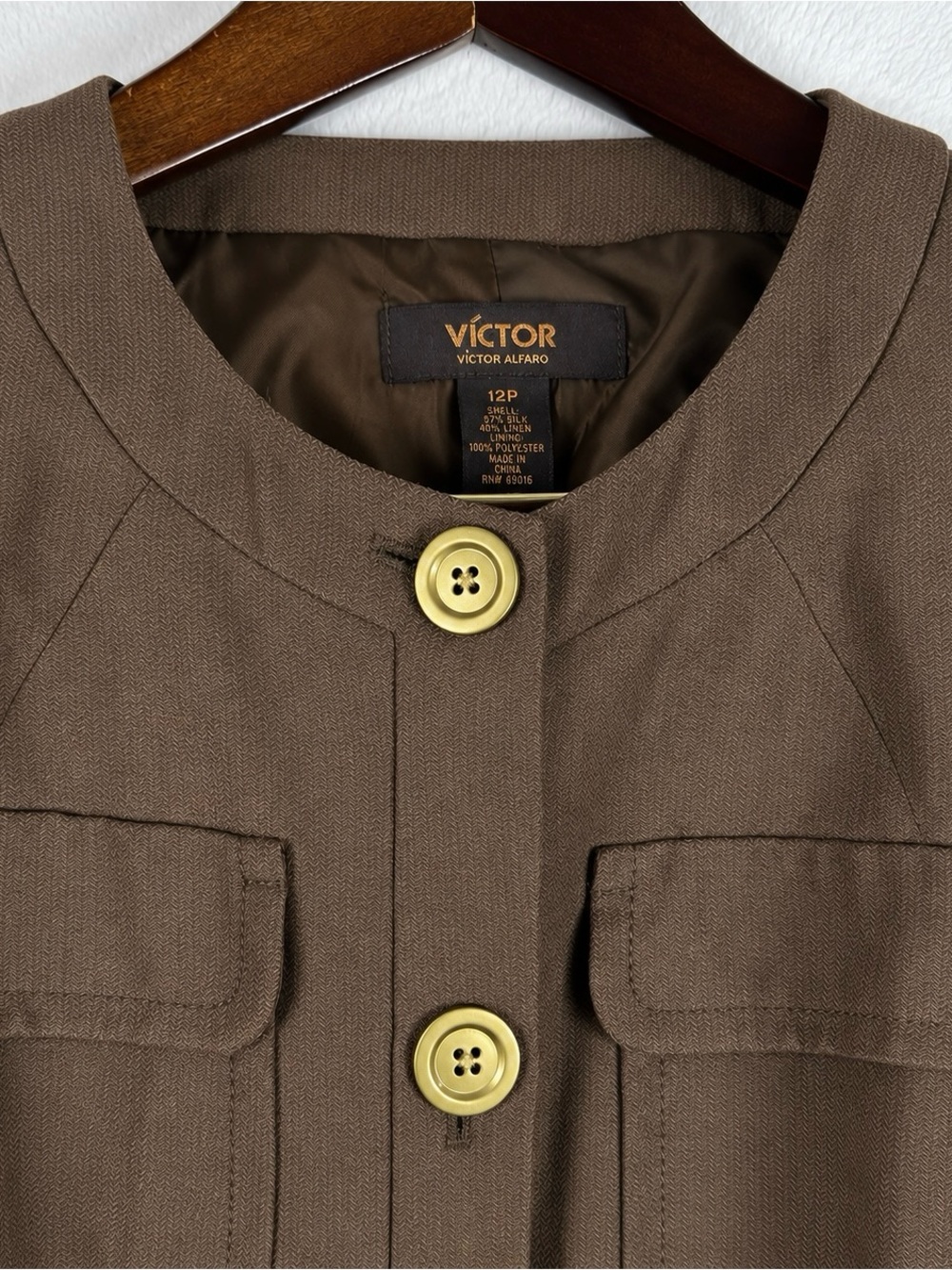 Victor Alfaro Silk Linen Brown Utility Blazer Jacket 12P - Picture 3 of 9